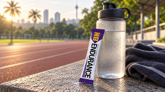 N8 Endurance electrolyte sachet beside a cold water bottle on a Malaysian running track