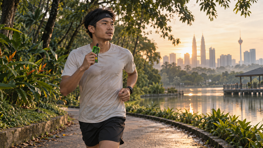 Malaysian runner holding an N8 Refuel Green Apple energy gel during an early-morning training run