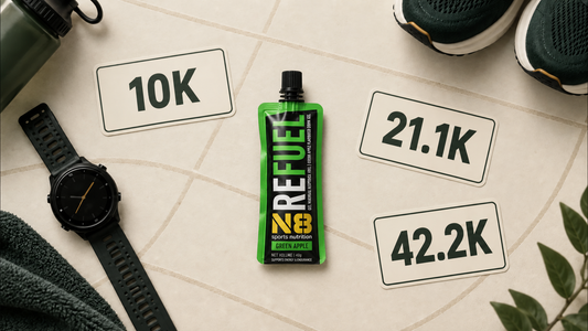 N8 Refuel Green Apple energy gel with 10K, 21.1K and 42.2K race distance markers